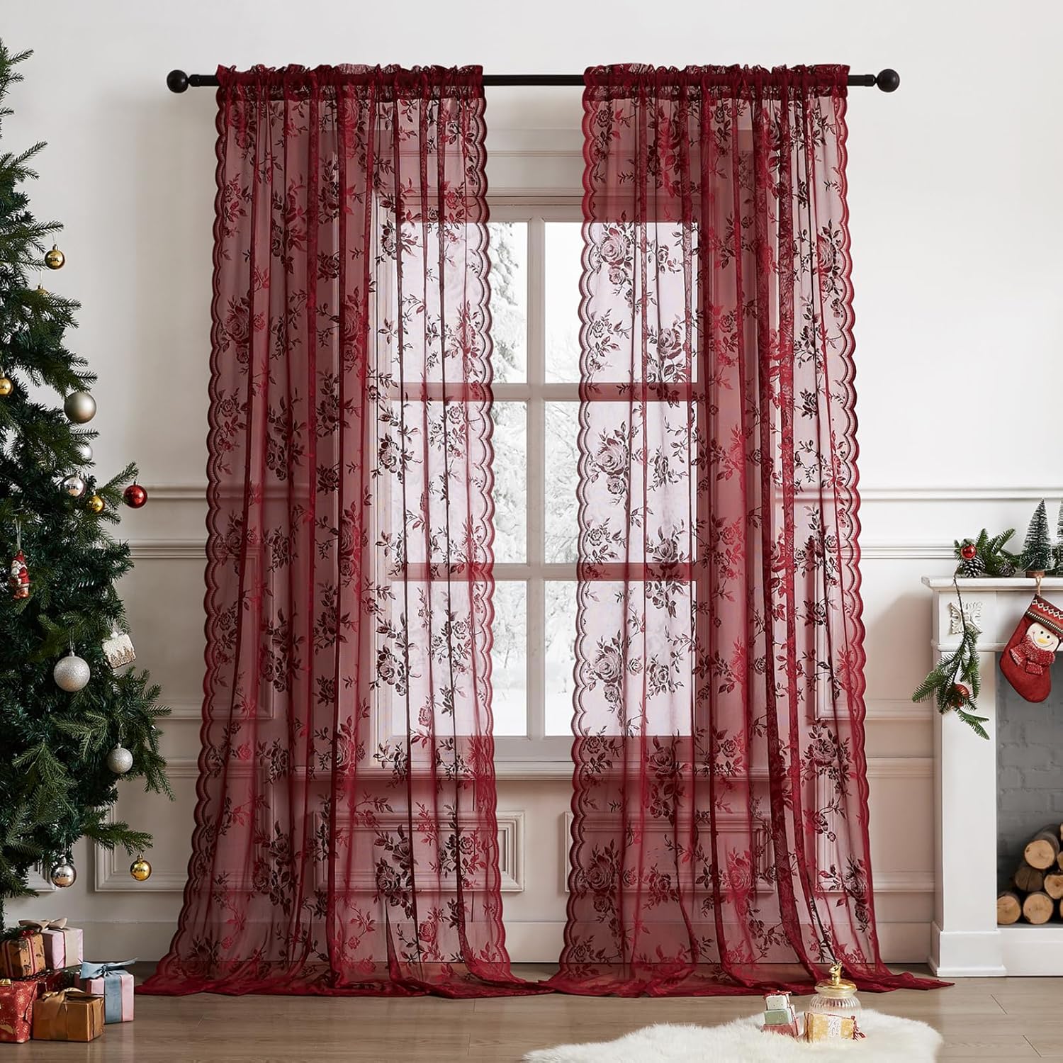 Curtain Rods - 1 шт. бордовые кружевные шторы длиной
